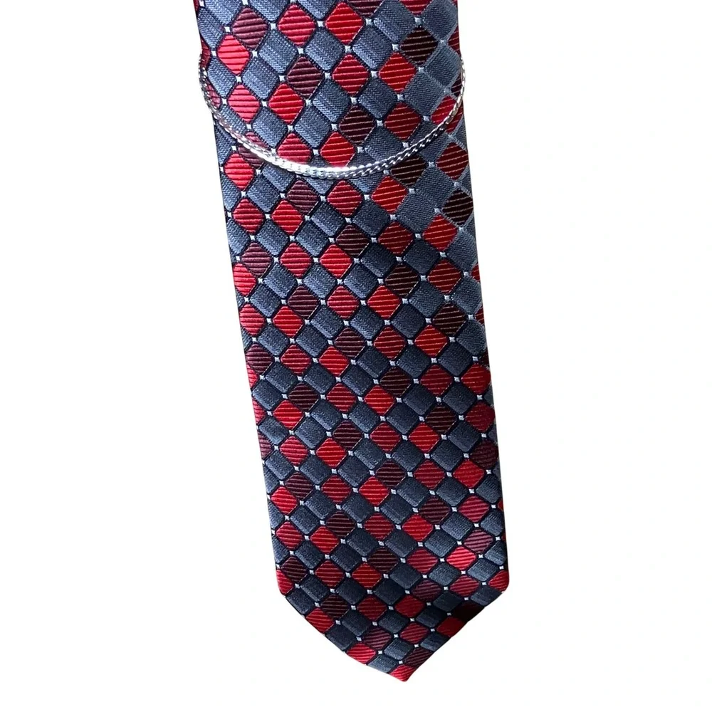 Pierre Cardin Necktie Mens OS Red Grey Diamond Geometric Tie Chain